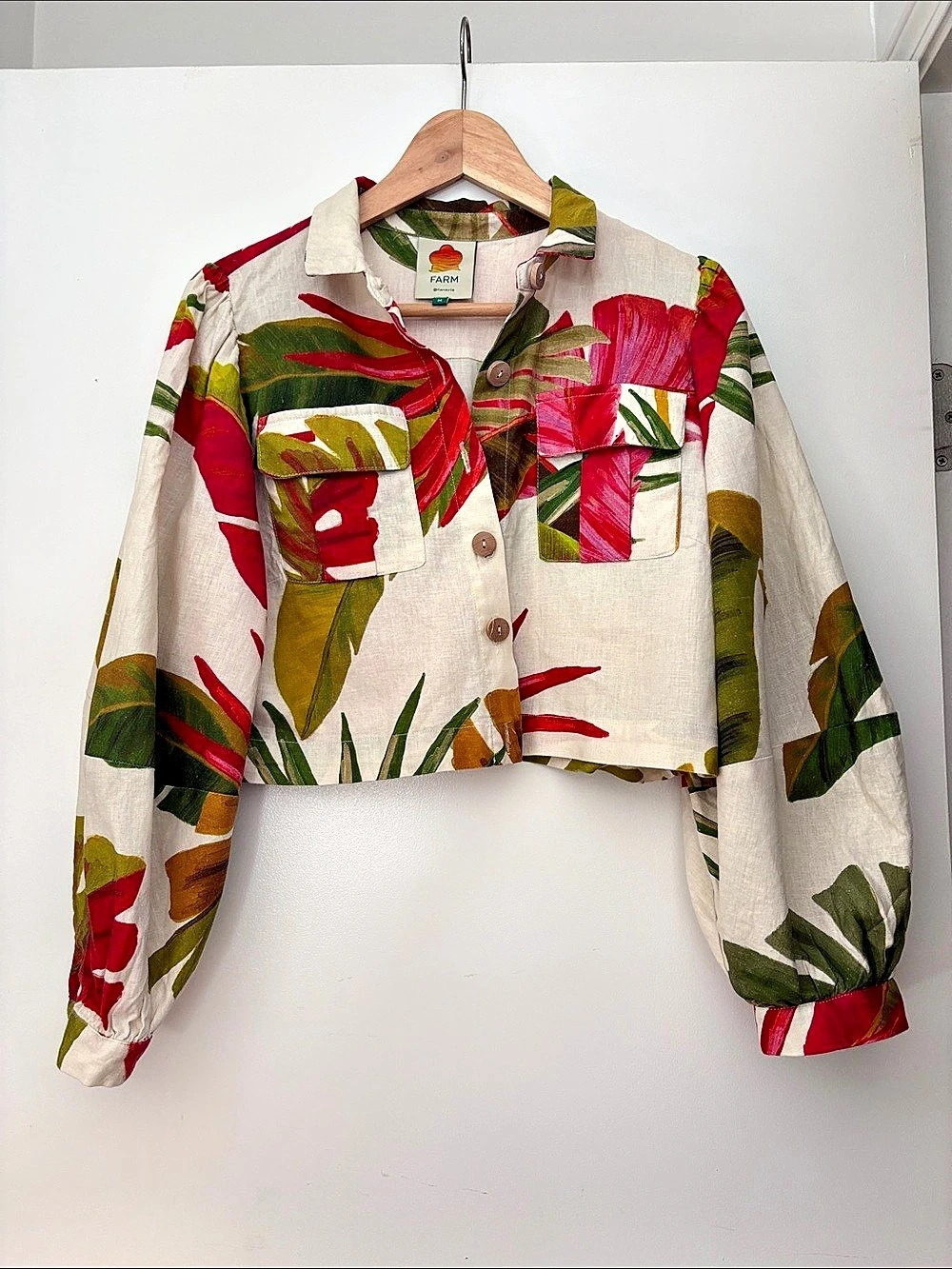 Farm Rio Banana Grapes Shirt Floral Cropped Jacket Multicolor & Green Medium